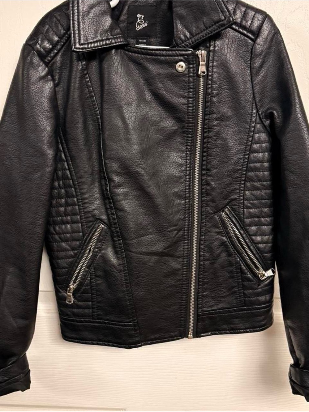 art class Black Faux Leather Moto Jacket with Quilted Panels